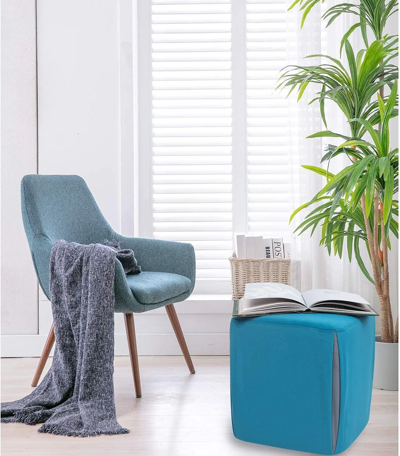 Small Ottoman Footrest Stool Velvet Seating Ottoman Upholstered Modern Vanity Stools For Bedroom Living Room (Blue)