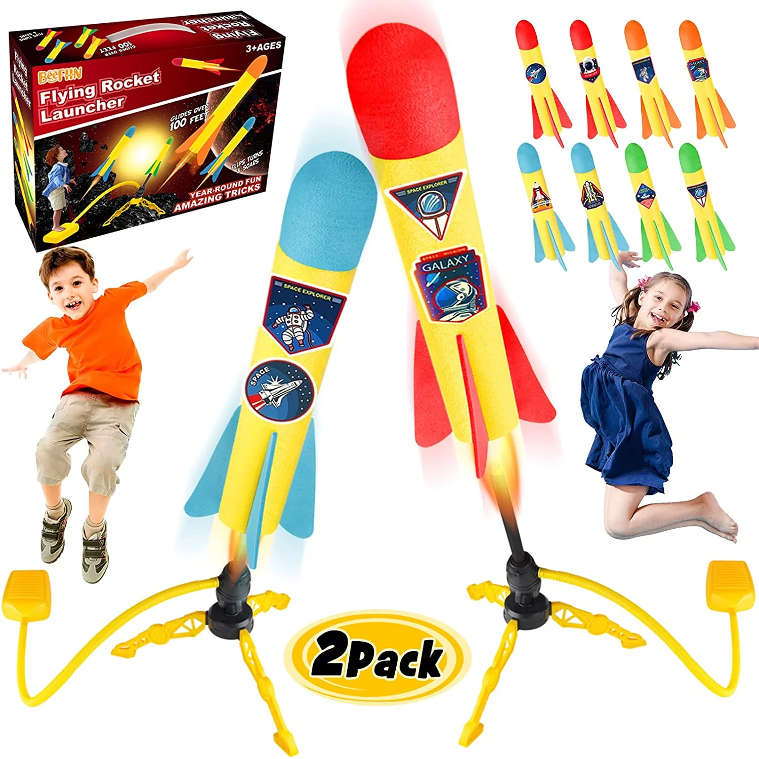 Terra Toy Rocket Launcher for Kids, Incl 2 Launchers & 8 Foam Rockets, Shoots Up to 100 Feet, Sturdy Stomp Launch Toys Fun Outdoor Toy for Kids, Gift for Boys and Girls Age 3 4 5 6+ Years Old