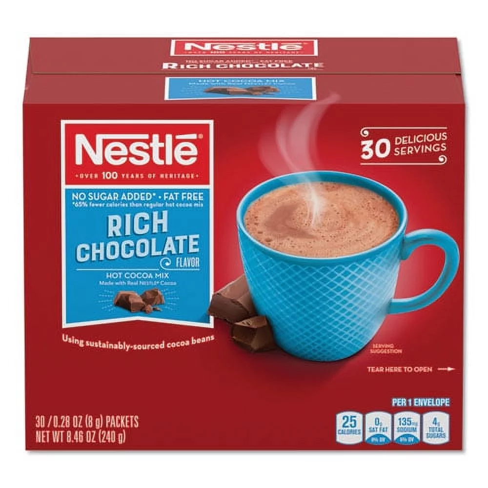 No-Sugar-Added Hot Cocoa Mix Envelopes, Rich Chocolate, 0.28 Oz Packet, 30/box | Bundle of 5 Boxes