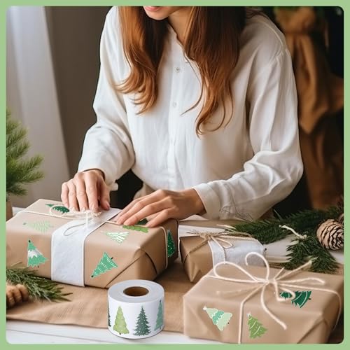 Tenare 1000 Pcs Christmas Tree Stickers Christmas Party Supplies Winter Xmas Roll Stickers Green Silver Self Adhesive Label Tag for Holiday Presents Candy Bag Decor