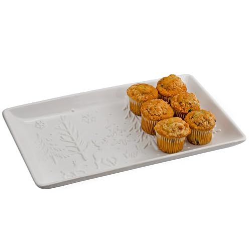 AuldHome Design Reindeer Christmas Tree Platter; Ceramic Embossed White Serving Tray