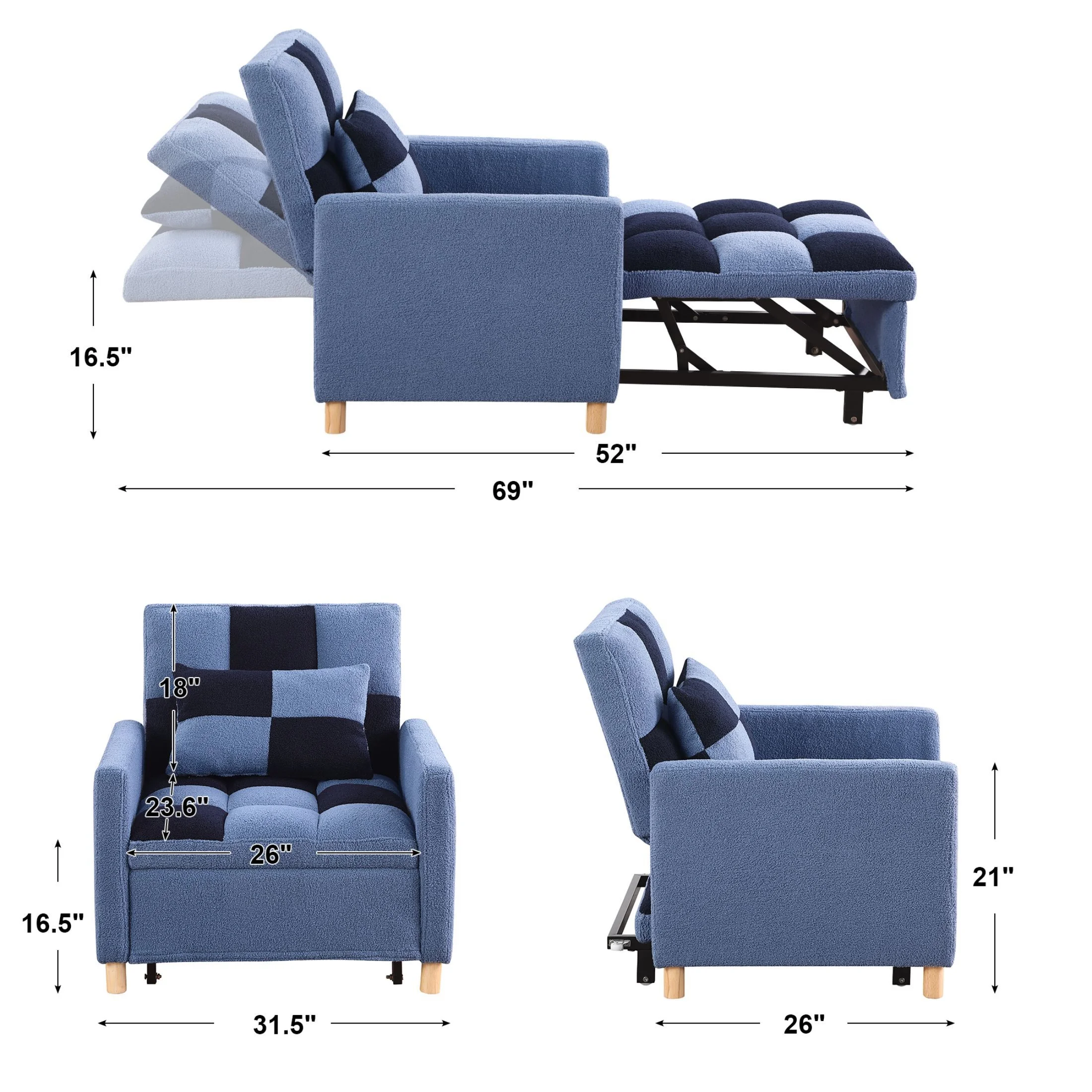 Zechuan Convertible Sleeper Sofa Chair Bed,Adjustable Chair with Pillow,Multi-Functional Sleeper Chair with Soft Teddy Fabric