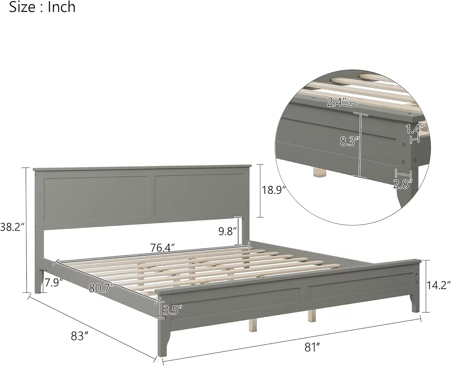 Kig Platform Bed Frame With Headboard/Solid Wood Foudatio With Wood Slat Support/o Box Sprig eeded/Easy Assembly, Rustic Pie (Kig Size, Gray)