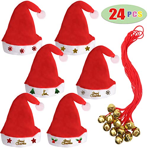 12 Fancy Christmas Santa Hats with 12 Jingle Bell Necklaces Bulk for Christmas Party Favor Photo Booth; One Size Fits All.