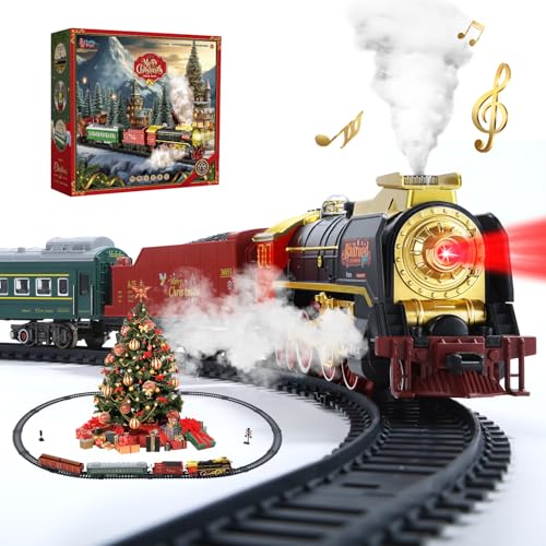 Electric Train Set with Smoke, Sound and Lights, Train Track Toy with Glowing Passenger Carriages for Toddlers and Kids, for Boys and Girls