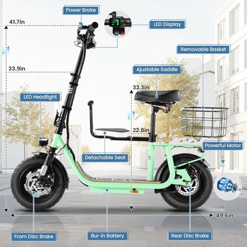 Caroma Peak 500W/800W/1200W Electric Scooter with Seat, 30 Miles Max Range Electric Scooter Adults&Teens, 48V Large Battery, 20MPH Top Speed Foldable Ebike, Adjustable E-Bike with Basket&Kid Seat