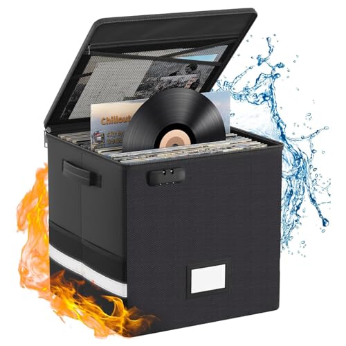 Vinyl Record Storage Box with Lock, Fireproof & Water-Resistant Record Organizer for 100+ 12-inch Vinyl Albums, Collapsible Crate with Lid & Handles, 13