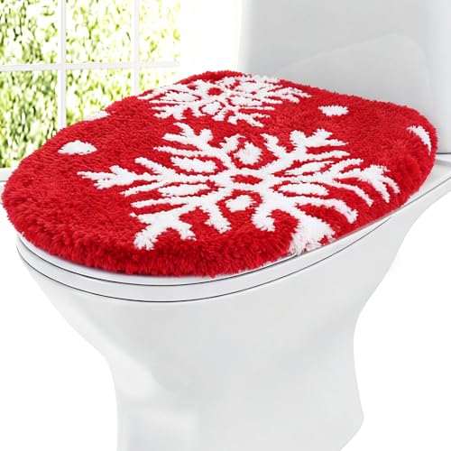 Christmas Toilet Seat Cover Red White Winter Snowflake Soft Toilet Lid Cover with Adjustable Rubber Backing for Bathroom Xmas Holiday New Year Party Decoration