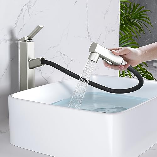 MIAOHUI Vessel Sink Faucet with Pull Out Sprayer, Tall Bathroom Sink Faucet with 3 Spray Mode, High Bathroom Faucets for Sink 1 Hole, Single Handle Modern Vanity Faucet with Fountain Mode, Matte Black
