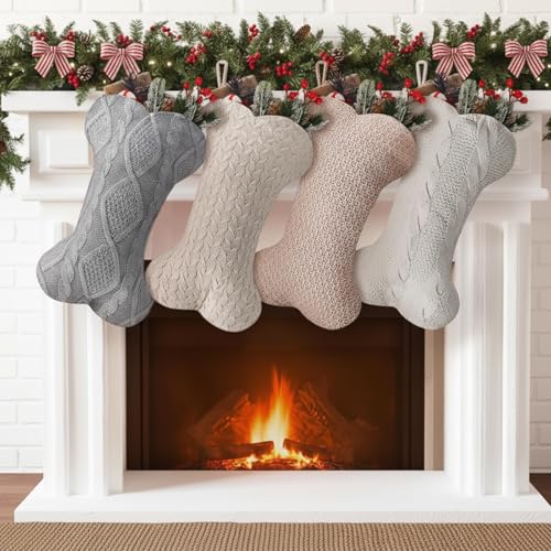 4 Pack Dog Christmas Stockings 18 Inch Large Double Side Knitted Socks Boho Farmhouse White Gray Beige Bone Shape Hanging Dog Christmas Stockings for Fireplace Xmas Party Dogs Pets