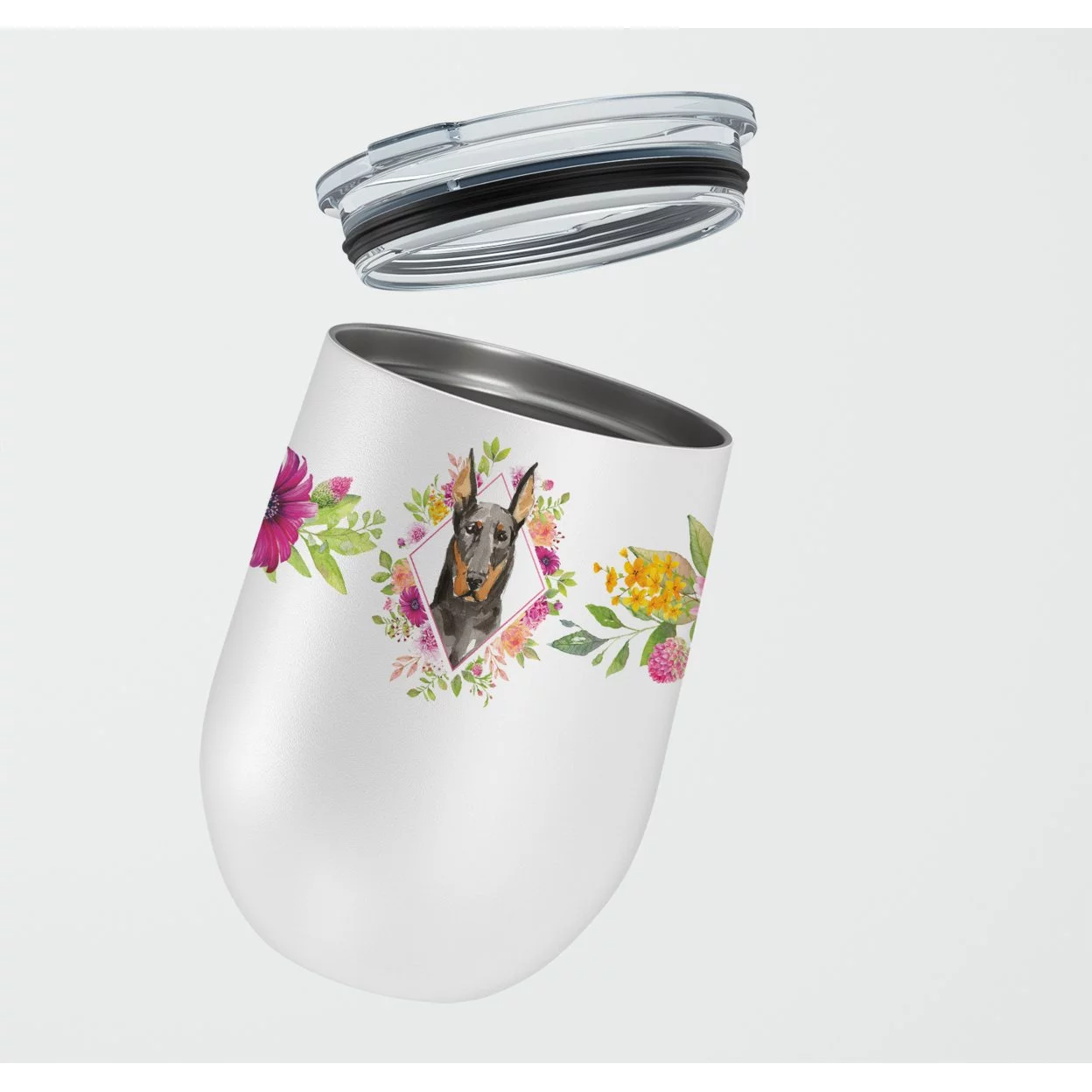 Carolines Treasures CK4241TBL12 Doberman Pinsher Pink Flowers Stainless Steel 12 oz Stemless Wine Glass 12 oz multicolor