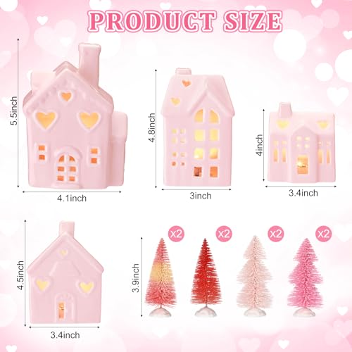 Cindeer 12 Pcs Pink Christmas Ceramic Village Decorations 4 Lighted Ceramic House Figurines and 8 Mini Pine Trees with Base Pink Table Centerpiece for Christmas Valentine Holiday