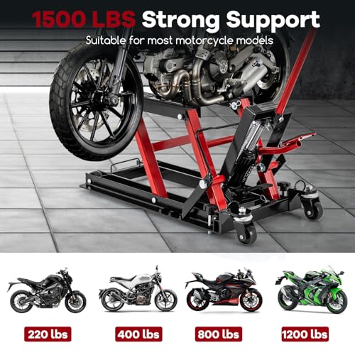 Goplus Motorcycle Lift, 1500 LBS Hydraulic ATV Scissor Jack with Footplates & Long Handle, 2 Ratchet Belts, 4 Wheels, 4.7”-15” Lifting Range, Motorcycle Jack Stand for Dirt Bike, UTV