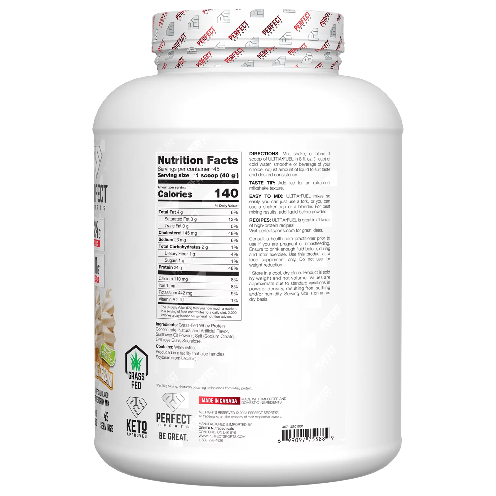 Perfect Sports Ultra Fuel, Grass-Fed Whey Protein, Vanilla Ice Cream, 4 lb (1.82 kg)