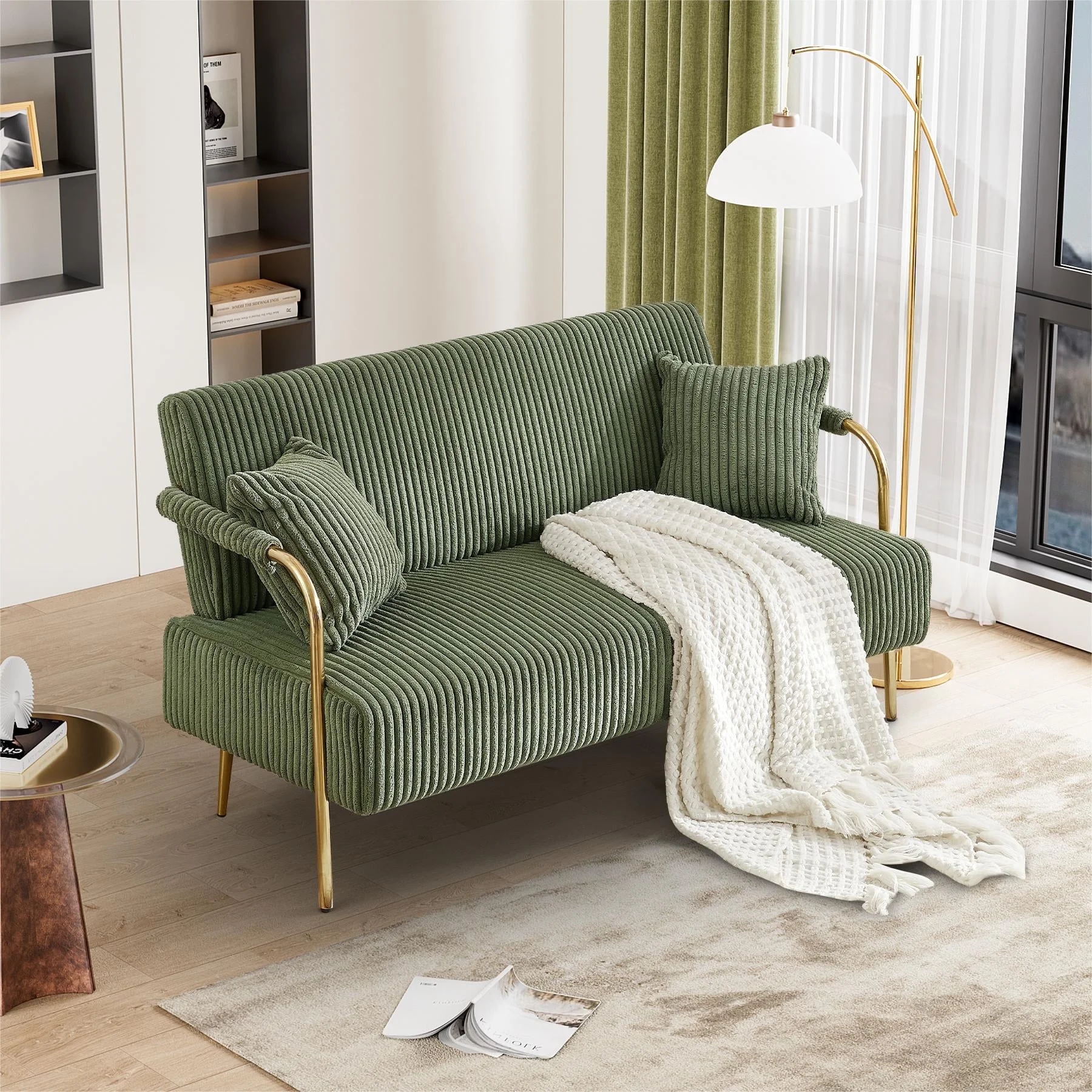 Rophefx Upholstered Loveseat, Tufted Velvet Futon Sofa Bed with 2 Pillows, Modern Convertible Futon Couch with 3 Adjustable Backrest Angles for Apartment,Living Room,Small Space