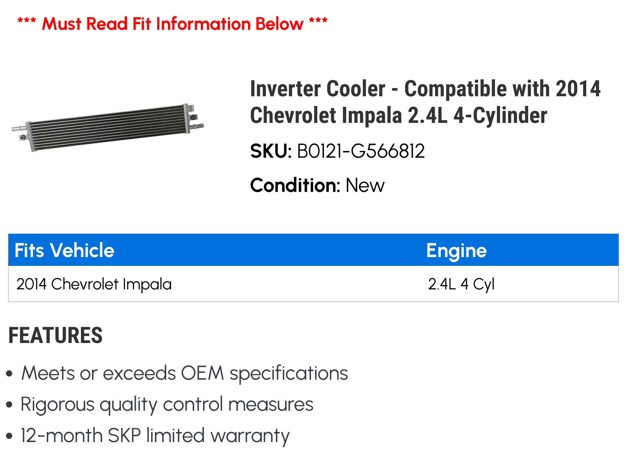 Inverter Cooler - Compatible with 2014 Chevy Impala 2.4L 4-Cylinder