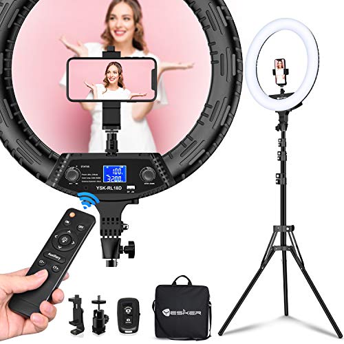 Yesker Ring Light with Tripod Stand and Phone Holder 18 Inch RGB Ringlight 25 RGB Modes Bi-Color Adjustable 2700–7000K LED Selfie Halo Light Kit for Live Stream Photography Zoom Makeup Youtobe Tiktok