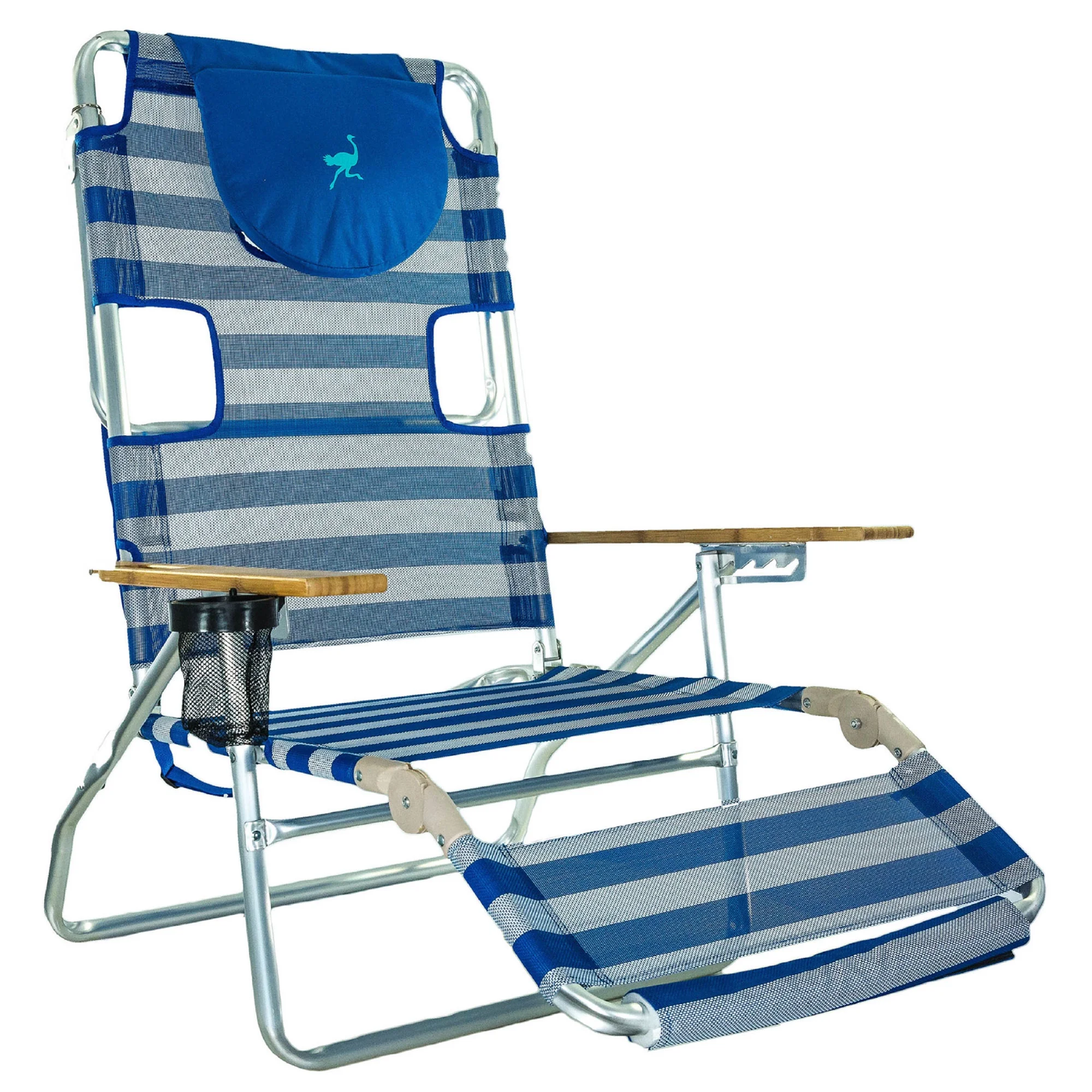 Ostrich 3N1 Reclining Beach Chair & On-Your-Back Beach Chair, Striped Blue