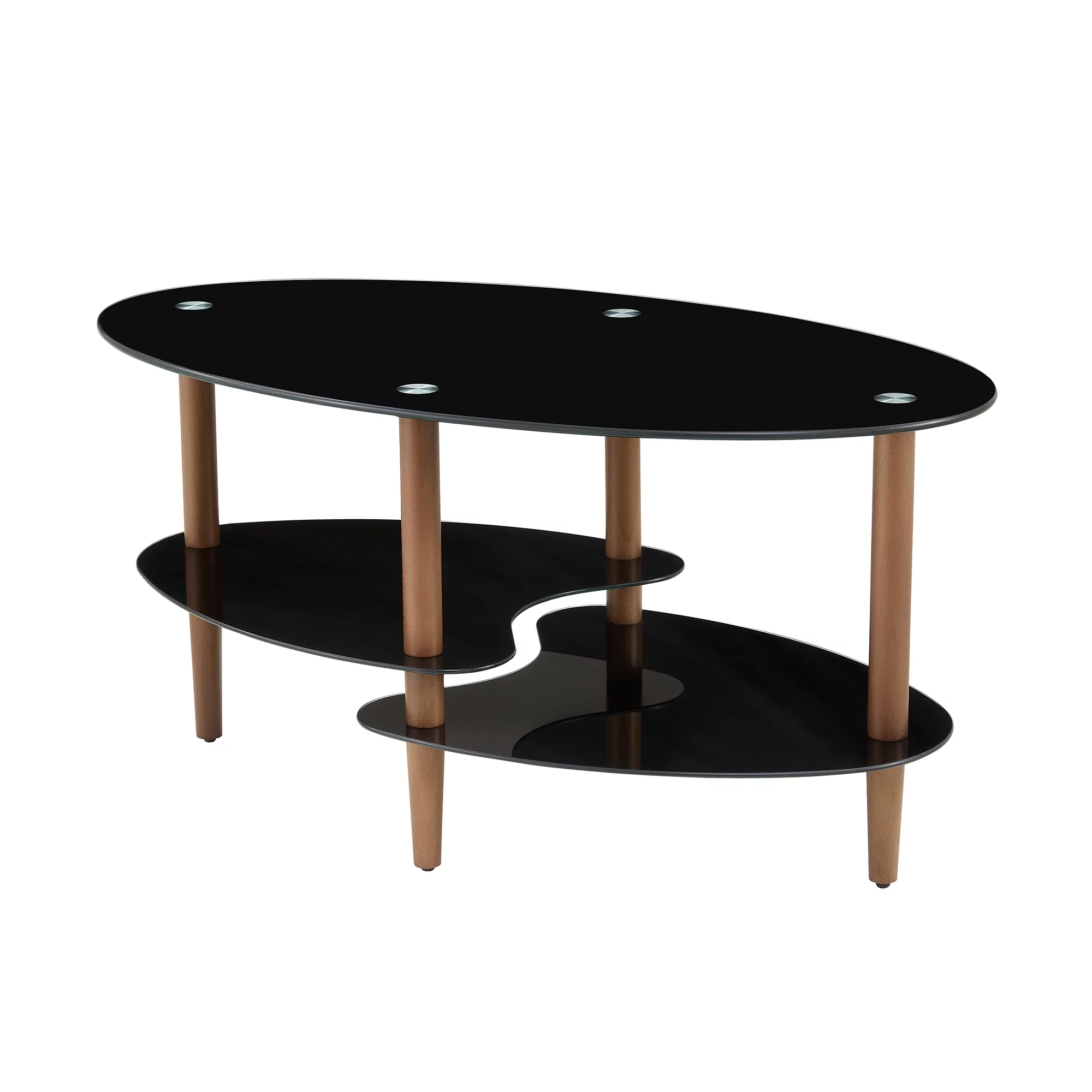 Black Oval glass coffee table, modern table in living room Oak wood leg tea table 3-layer glass table