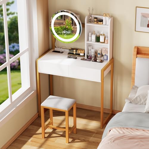 Vanity Desk with Mirror and Lights, Makeup Vanity with Power Outlet & 3 Lighting Modes, White Vanity with Chair & Drawers, Small Vanity Desk for Bedroom