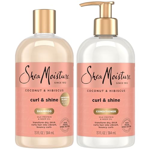 SheaMoisture Coconut & Hibiscus Curl & Shine Shampoo & Conditioner for Bouncy Curls, Frizz Control, 16 Oz Ea