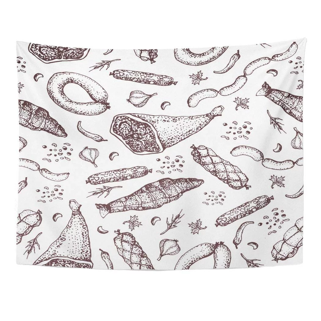 REFRED Meat Product Spices Food Ready Sausage Bacon Sliced Saveloy Spicy Pepperoni Smoked Sausages Stick Salami Wall Art Hanging Tapestry Home Decor for Living Room Bedroom Dorm 60x80 inch