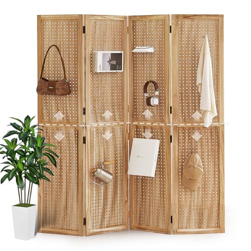 5.6Ft Wood PegBoard Room Divider 4 Panel Detachable Folding Privacy Screen Pegboard Display 33.5