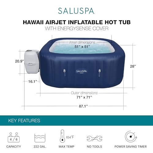 Bestway SaluSpa Hawaii AirJet 4 to 6 Person Inflatable Hot Tub Square Portable Outdoor Spa with 140 AirJets and EnergySense Energy Saving Cover, Blue