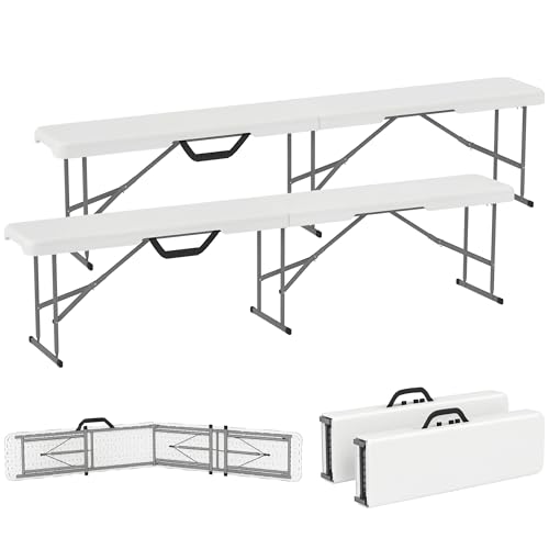 Outsunny 2-Pack 6 Ft. Plastic Folding Benches, Portable Foldable Bench Seats with Carrying Handle, Non-Slip Mat, HDPE Tabletop, Picnic Benches for Camping Dining Picnic BBQ Sports, White