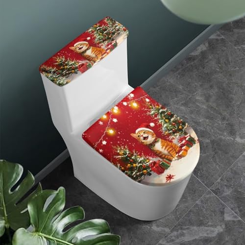 Christmas Bow Bell Toilet Tank Lid Cover and Toilet Seat Lid Cover 2 Pcs Set Toilets Covers with Elastic Cloth Fits Most Toilets Tanks & Lids