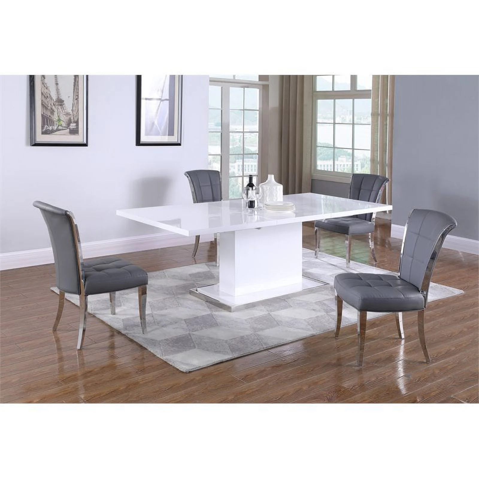 Maklaine 63" Contemporary Steel and Wood Extendable Dining Table in White