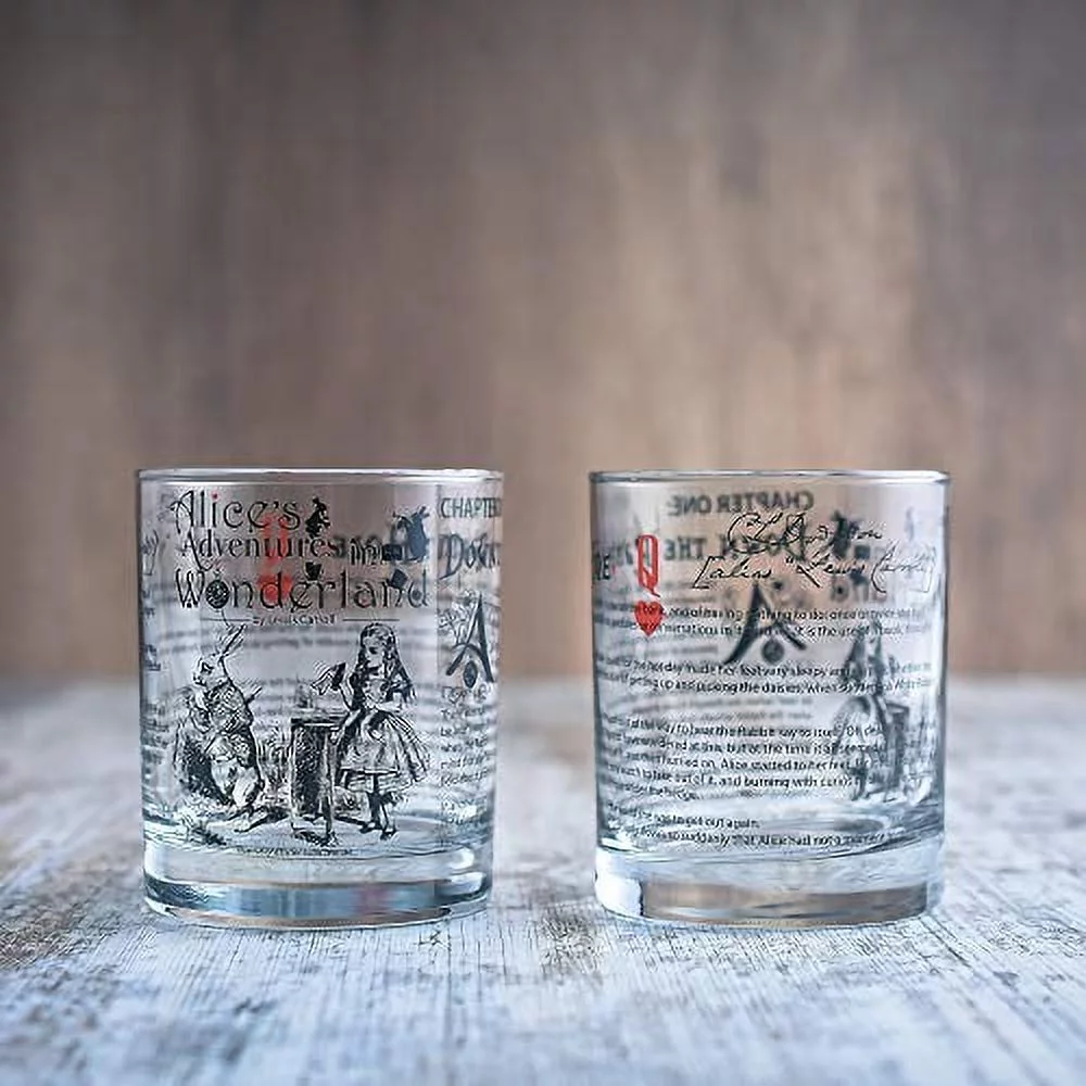 Alice in Wonderland Whiskey Glasses | Literature Rocks Glass with lewis carroll Book Images & Writing (Set of 2)