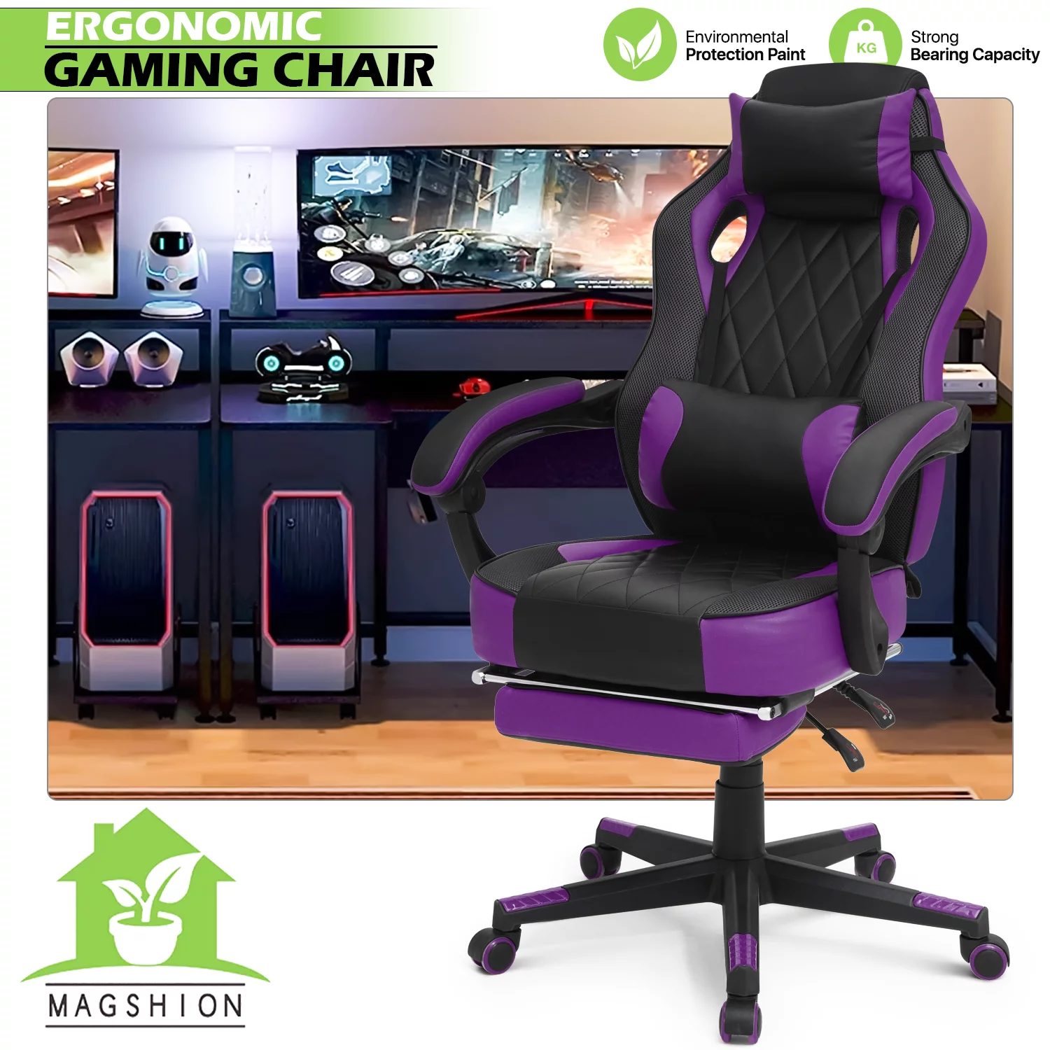 Magshion PC & Racing Game Chair, Ergonomic Swivel Adjustable Recliner Seat with Footrest and Lumbar Support for Bedroom, Purple