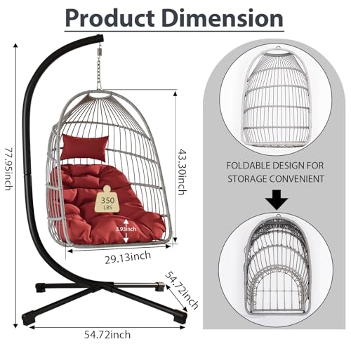 Foldable Hanging Egg Chair with Stand, HDPE Rattan and Heavy Duty Aluminum-Steel Frame, Outdoor Patio Wicker Swing Egg Chair with Headrest and Cushioned, 350 Lbs Capacity (Beige)