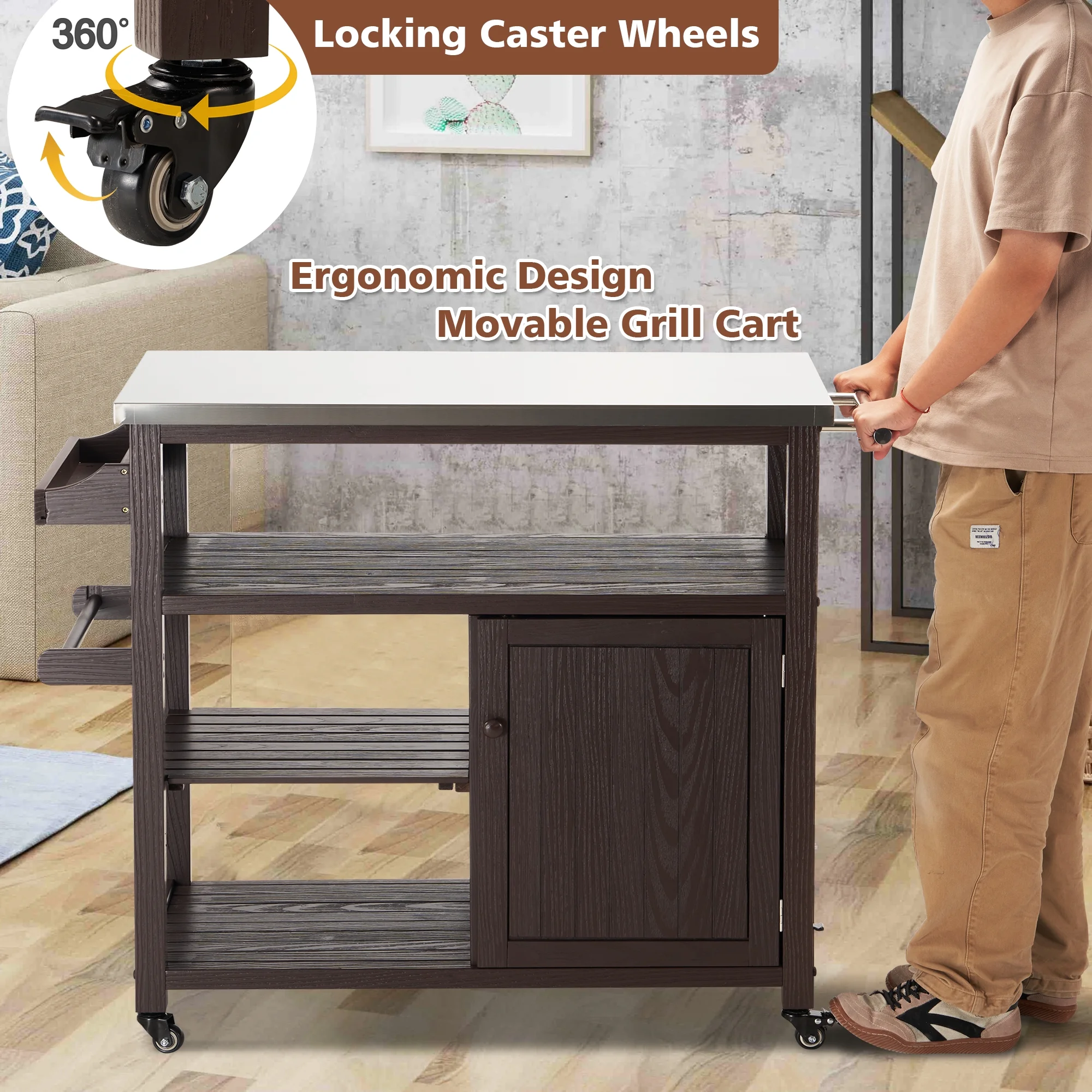 AHB Outdoor Grill Table Solid Wood Storage Cabinet, Rolling Kitchen Island, Movable Bar Cart with Stainless Steel Top, Waterproof Cover for Outside Patio, Backyard, Garden (Brown)