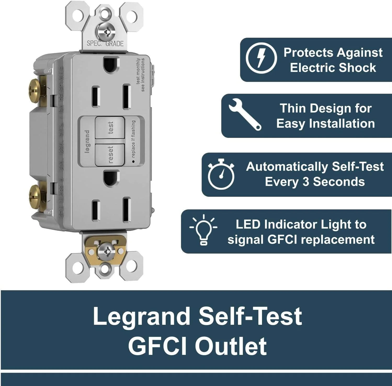 Legrand - Pass & Seymour Radiant Self-Test GFCI Outlet, Gray GFCI Outlet, GFCI Outlet 15 Amp, 125 Volt GFCI Electrical Outlet, 1597GRYCCD12, 1 Count