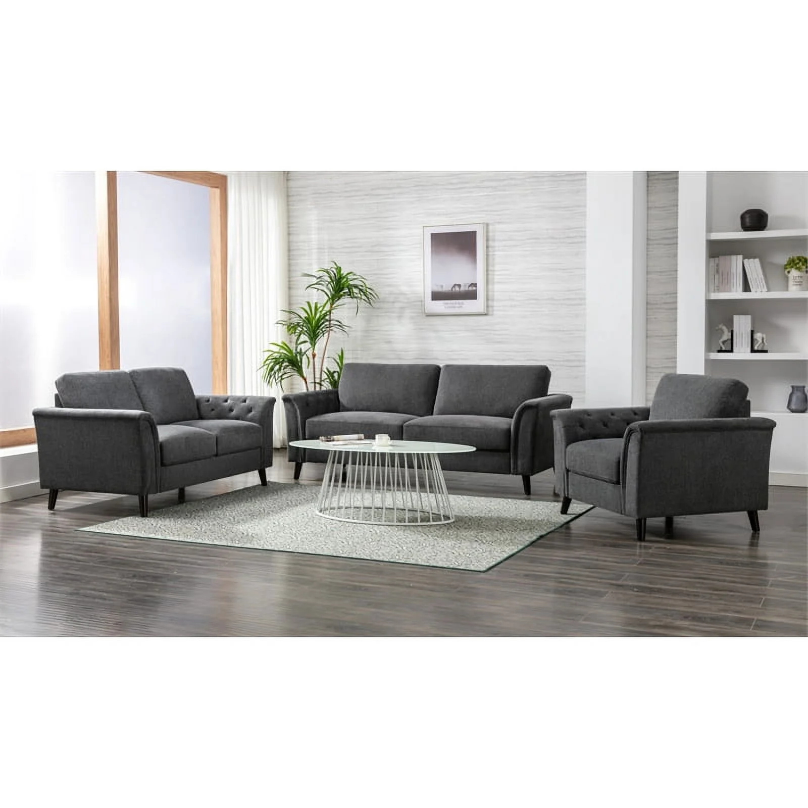 Pemberly Row 3-Piece Linen Fabric Sofa Set with Tufted Arms in Dark Gray