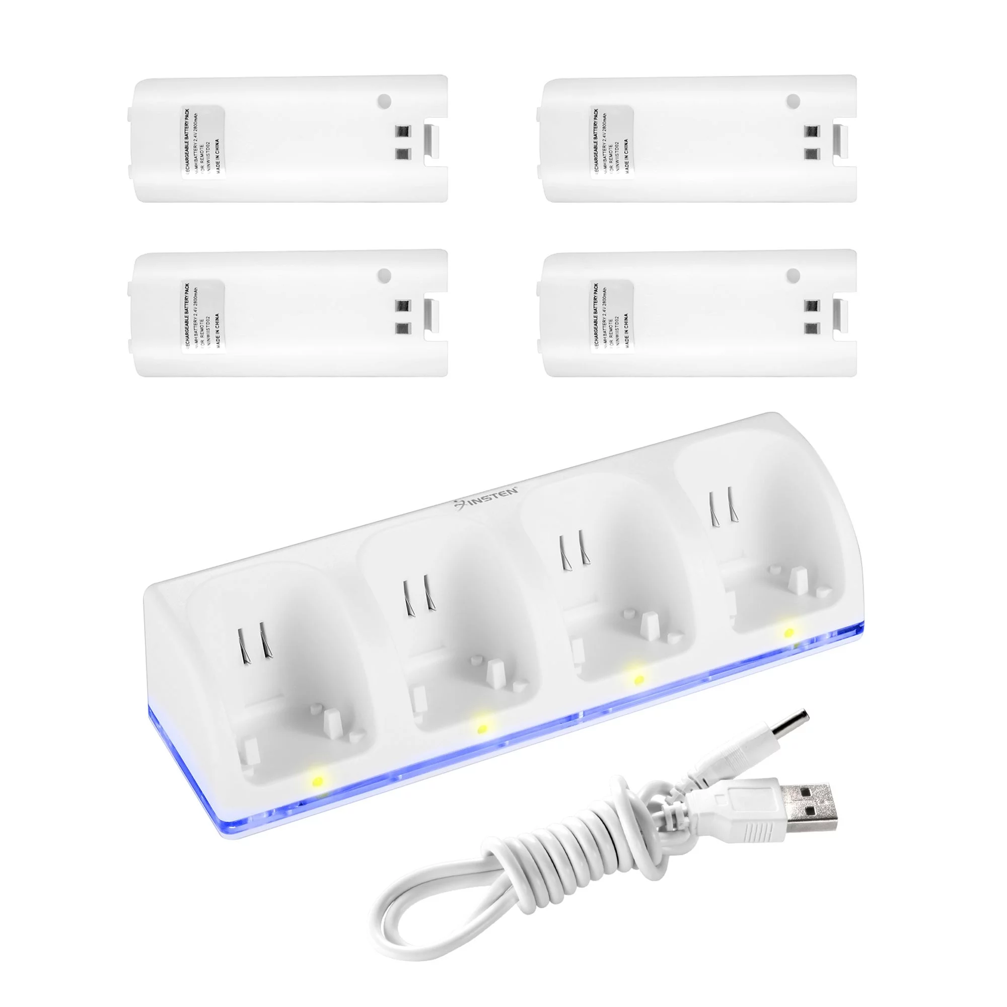 For Nintendo Wii U Quad Remote Controller Charger Charging Dock Station + 4x Rechargeable Replacement Battery Pack Accessories Bundle, White