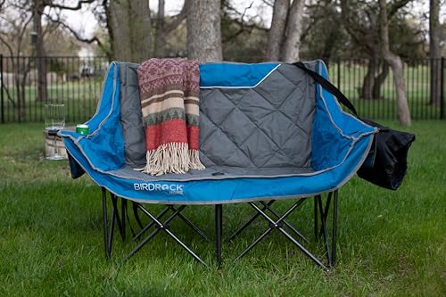 BIRDROCK HOME Double Camping Chair - Double Wine & Cup Holders - Blue & Grey, Durable Padded Fabric, Sturdy Frame, 650 lb Cap. Storage, Spacious Camping Sofa, Loveseat for The Beach, Sports, Outdoors