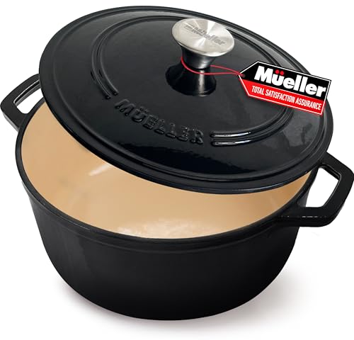 Mueller 6qt Enameled Cast Iron Dutch Oven, Heavy-Duty Casserole and Braiser Pan with Lid and Knob, Oven-Safe up to 500° F & Across All Cooktops, White