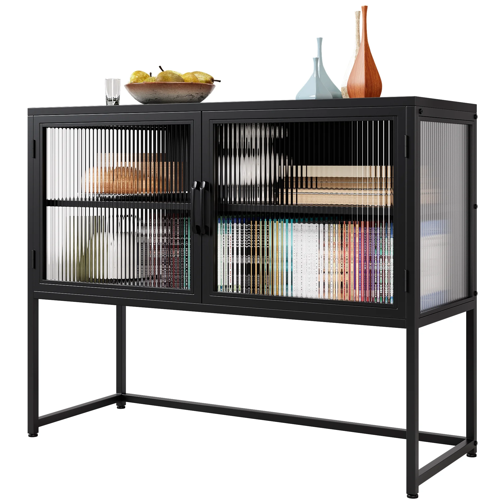 Homhougo Retro Style Fluted Glass Sideboard Storage Cabinet Simple Modern Console Table Detachable Wide Shelves Enclosed Dust-Free Storage Bottom Space for Living Room Bathroom Dining Room,Black