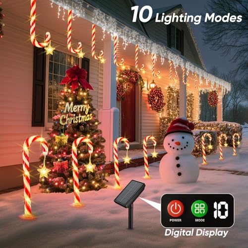 Solar Lights Outdoor Christmas Decorations: 24 Pack 144 LEDs 10 Modes Candy Cane Solar Powered Christmas Lights - 2025 Upgrade Waterproof Outside Holiday Decor for Yard Pathway Garden Porch Lawn