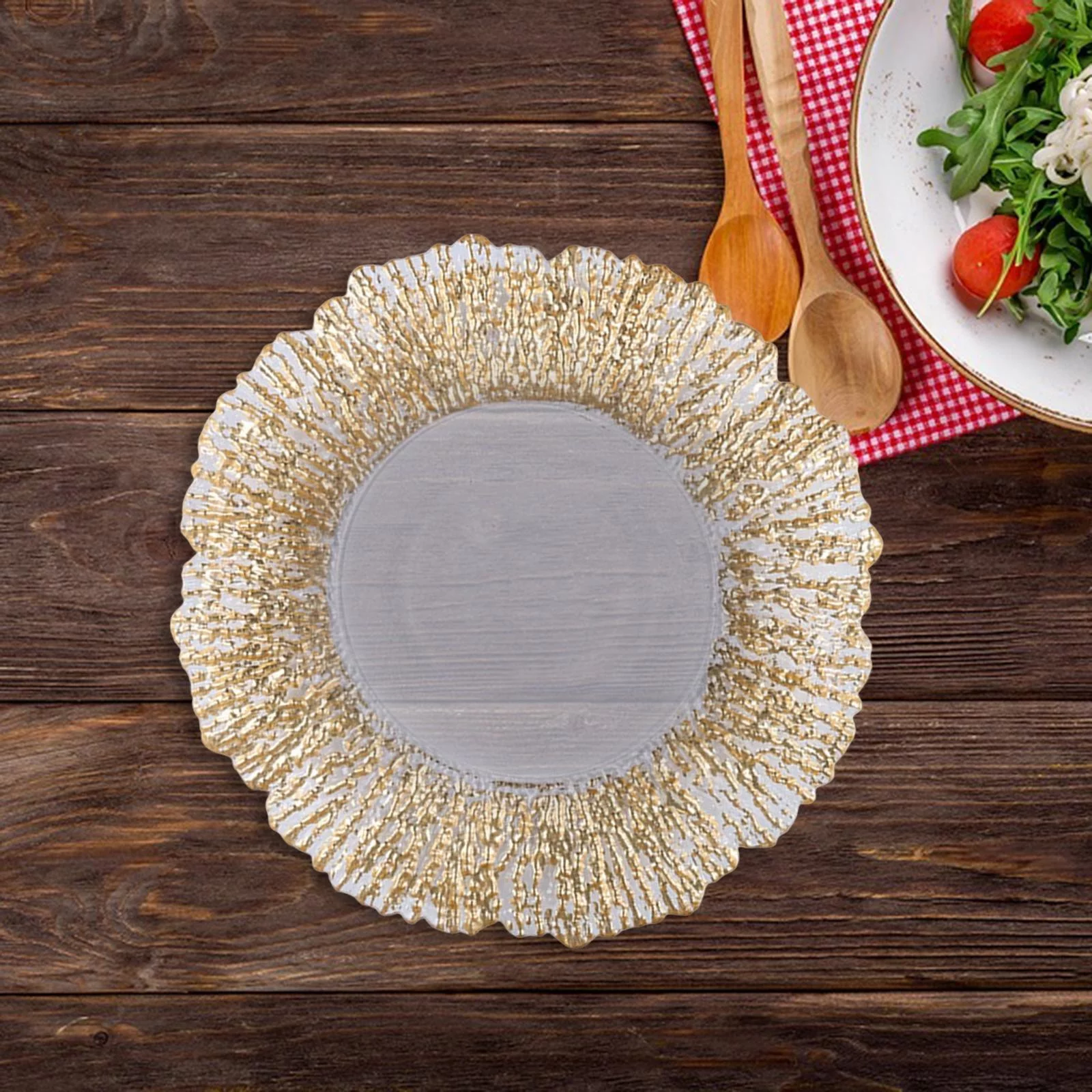 Durable Service Platter Serving Tray Cooking Holiday Reception Party Wedding Bakeware Glass Round Dish for Snack Steak Farmhouse, Butter, Cake Gold 27cm