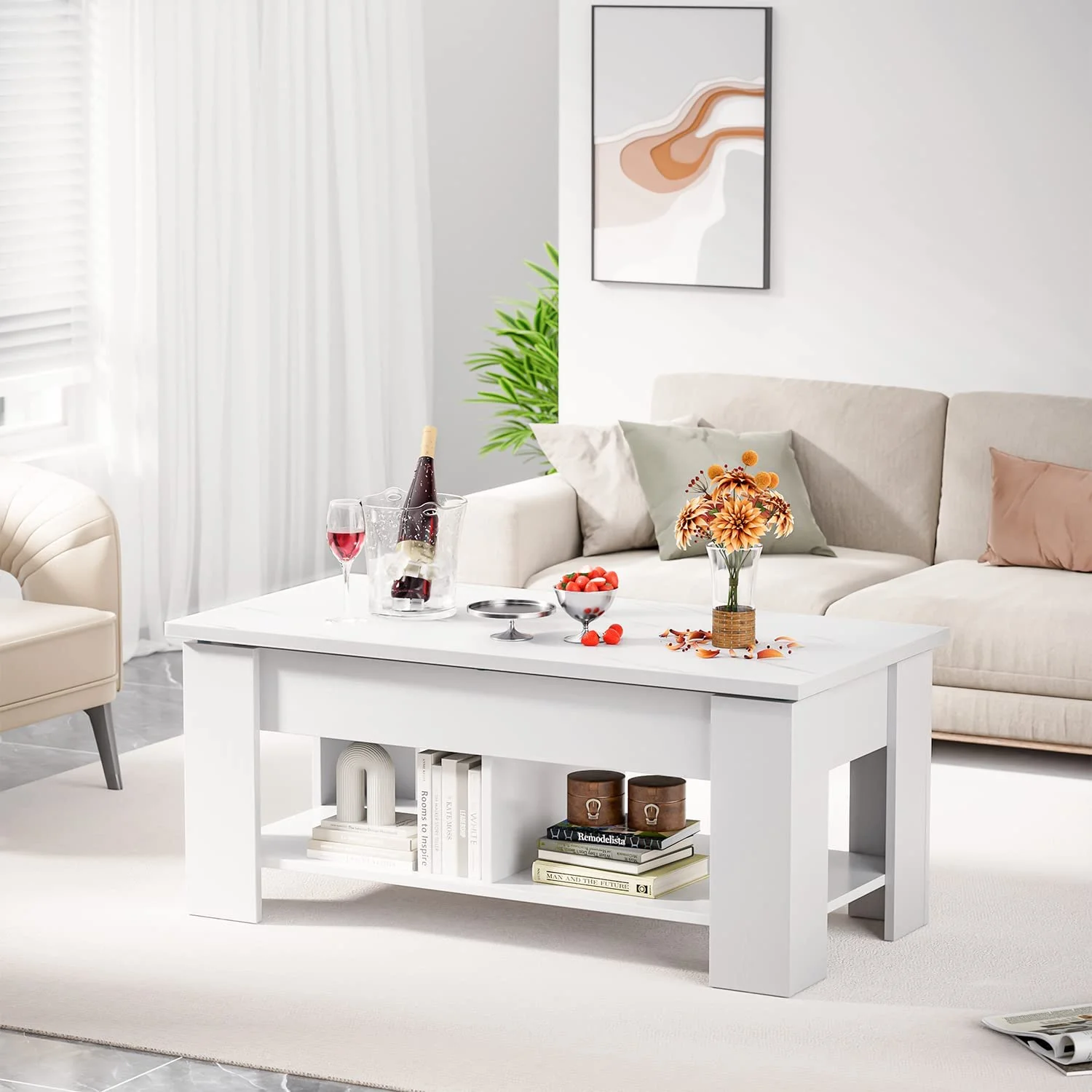 Lift Top Coffee Table Desk with Storage Compartment and Separated Open Shelves, Pop Up Coffee Table for Living Room, 39.4 inch, White Marble