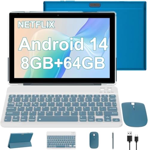 Android 14 Tablet 10 Inch, 2 in 1 Tablets with Keyboard/Mouse/Case/Stylus, 8GB RAM+64GB ROM/1TB Expand Tablet, 1.8Ghz Quad-core Processor, 1280 * 800 HD Screen, 8MP Camera, 5G WiFi Tablet