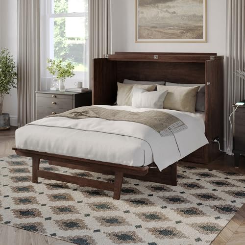 AFI Northfield Queen Size Murphy Bed Chest with Mattress, Storage, & Built-in Charger in Light Toffee