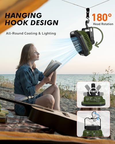 DUKUSEEK Camping Fan with LED Lantern & Remote, 25H Work Time Battery Operated Fan with Hang Hook for Tent, Portable Ceiling Tent Fan with Remote for RV Outages Emergency Desk Bedroom