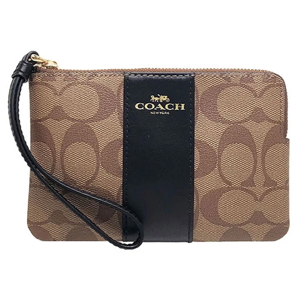 NWT Coach F58035 Signature PVC Leather Corner Zip Wristlet Light Khaki/Black/Gold f58035