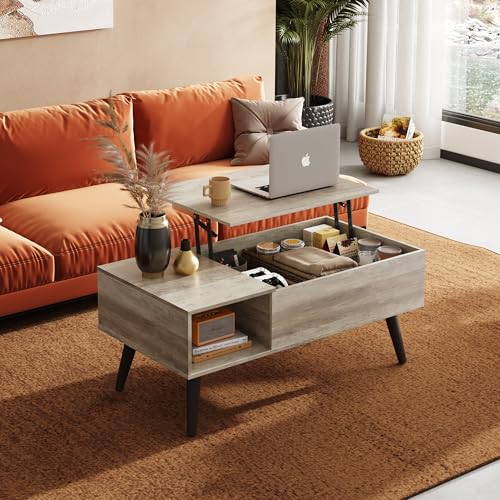 WLIVE Coffee Table for Living Room, Lift Top Coffee Table with Storage, Small Rising Wooden Dining Center Table with Storage Shelf & Hidden Compartment, 39