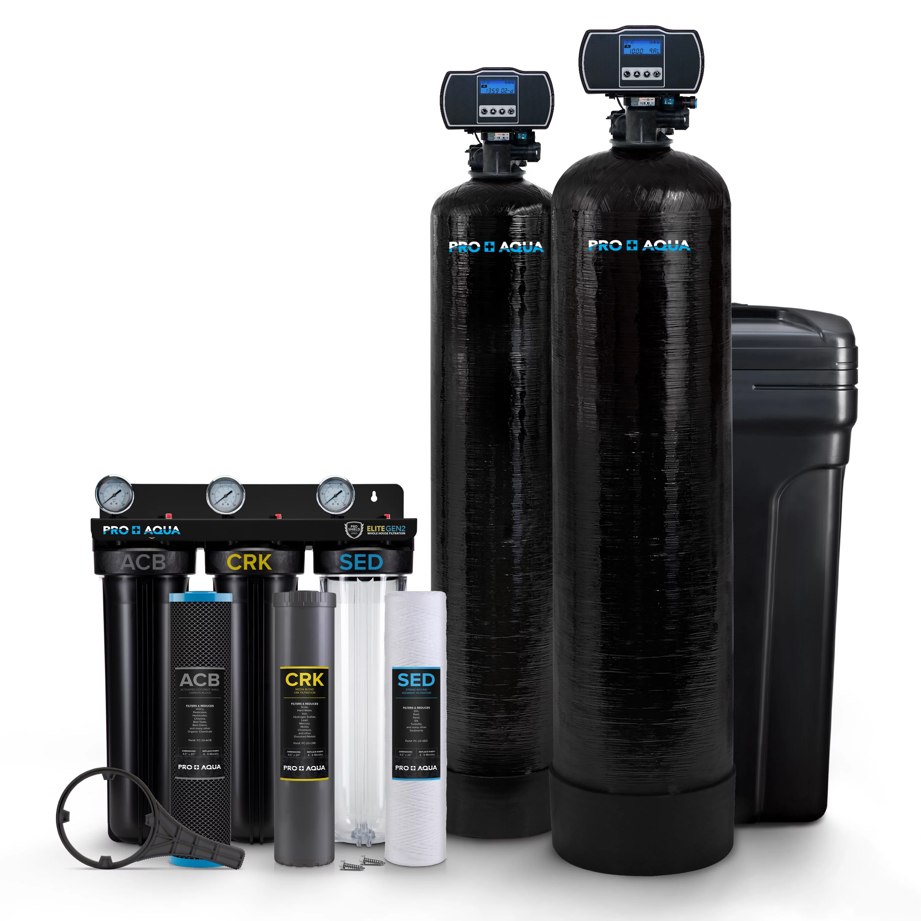 PRO+AQUA ELITE Whole House Well Water Filter System and Water Softener Bundle - Remove Iron, Sulfur, Sediment, and more